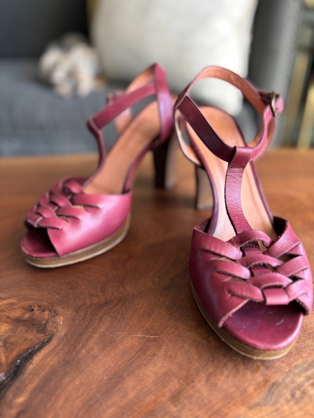 Maje Burgundy Leather Woven T-Strap Platform Sandals Wood Heel EU 37 (6.5–7 US)